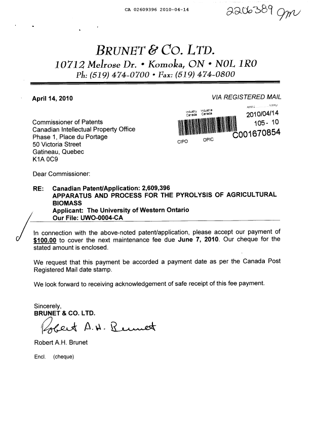Canadian Patent Document 2609396. Fees 20100414. Image 1 of 3