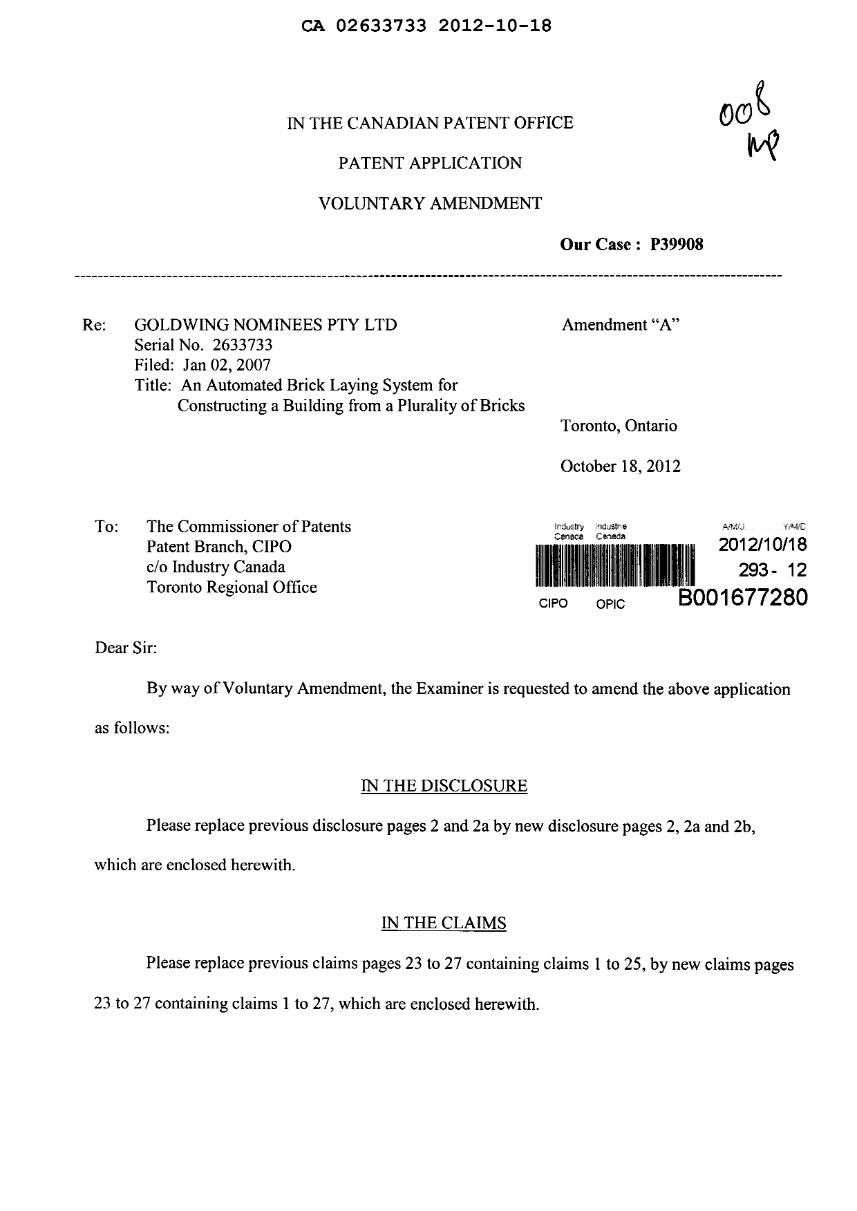 Canadian Patent Document 2633733. Prosecution-Amendment 20121018. Image 1 of 12