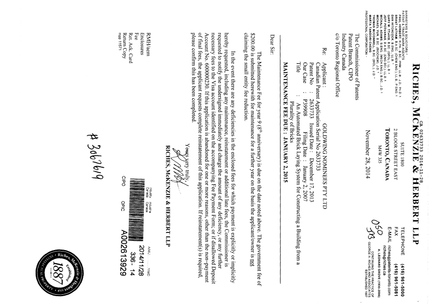 Canadian Patent Document 2633733. Fees 20141128. Image 1 of 1