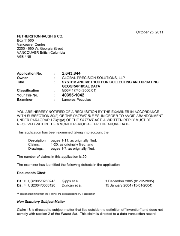 Document de brevet canadien 2643844. Poursuite-Amendment 20101225. Image 1 de 3