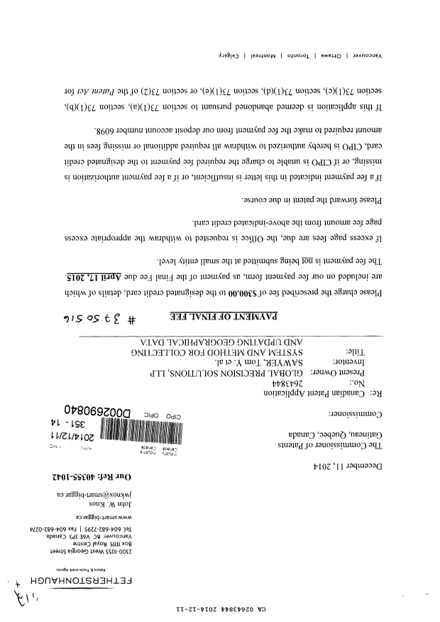 Canadian Patent Document 2643844. Correspondence 20131211. Image 1 of 2