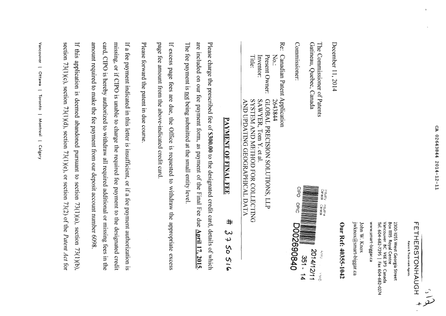 Document de brevet canadien 2643844. Correspondance 20131211. Image 1 de 2