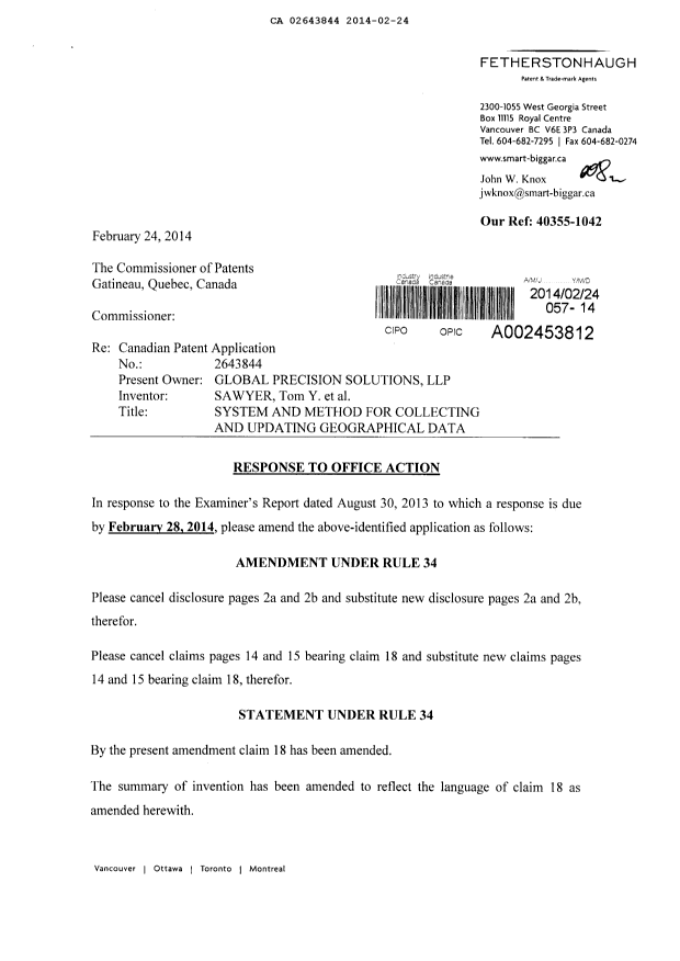 Canadian Patent Document 2643844. Prosecution-Amendment 20131224. Image 1 of 7