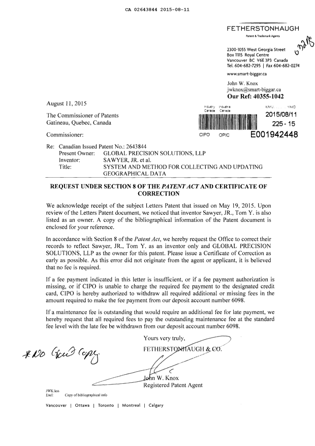 Canadian Patent Document 2643844. Correspondence 20141211. Image 1 of 2