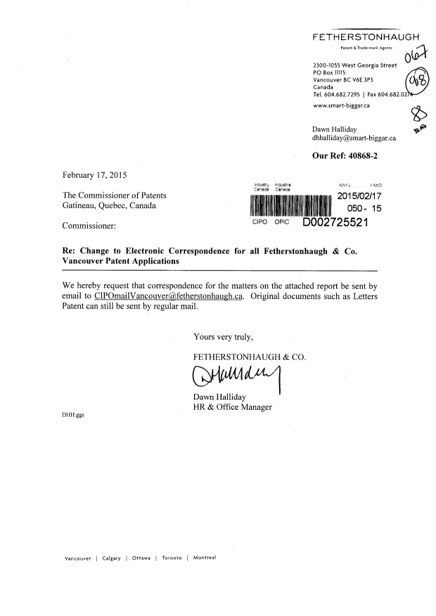 Canadian Patent Document 2643844. Correspondence 20141217. Image 1 of 3