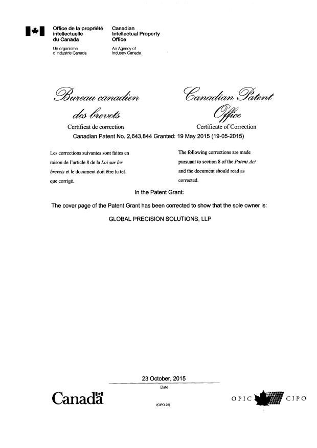 Document de brevet canadien 2643844. Page couverture 20141223. Image 1 de 2