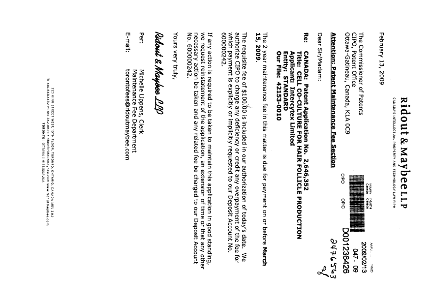 Canadian Patent Document 2646352. Fees 20081213. Image 1 of 1