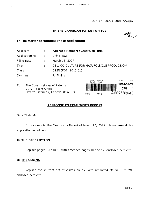 Canadian Patent Document 2646352. Prosecution-Amendment 20131229. Image 1 of 12