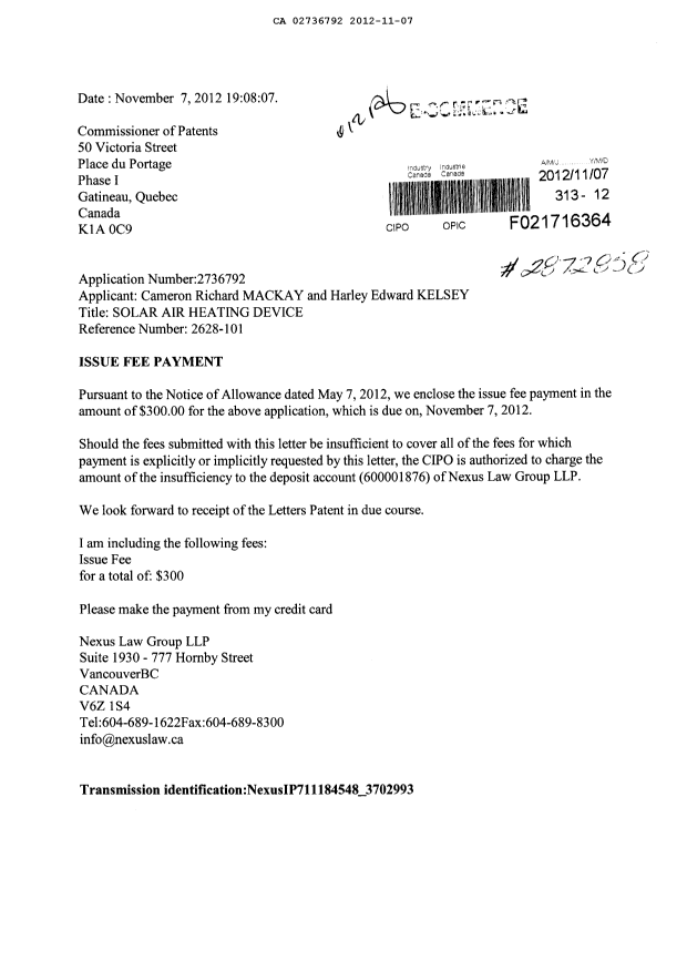 Canadian Patent Document 2736792. Correspondence 20111207. Image 1 of 1