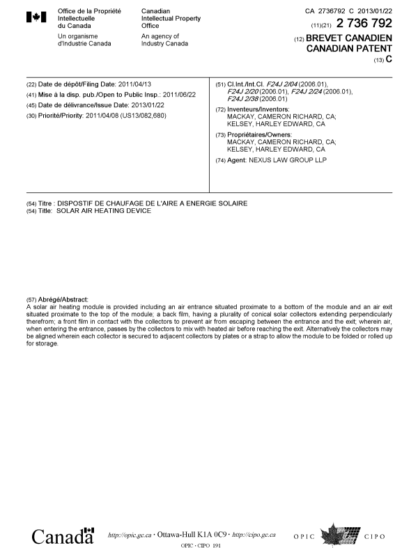 Canadian Patent Document 2736792. Cover Page 20121208. Image 1 of 1