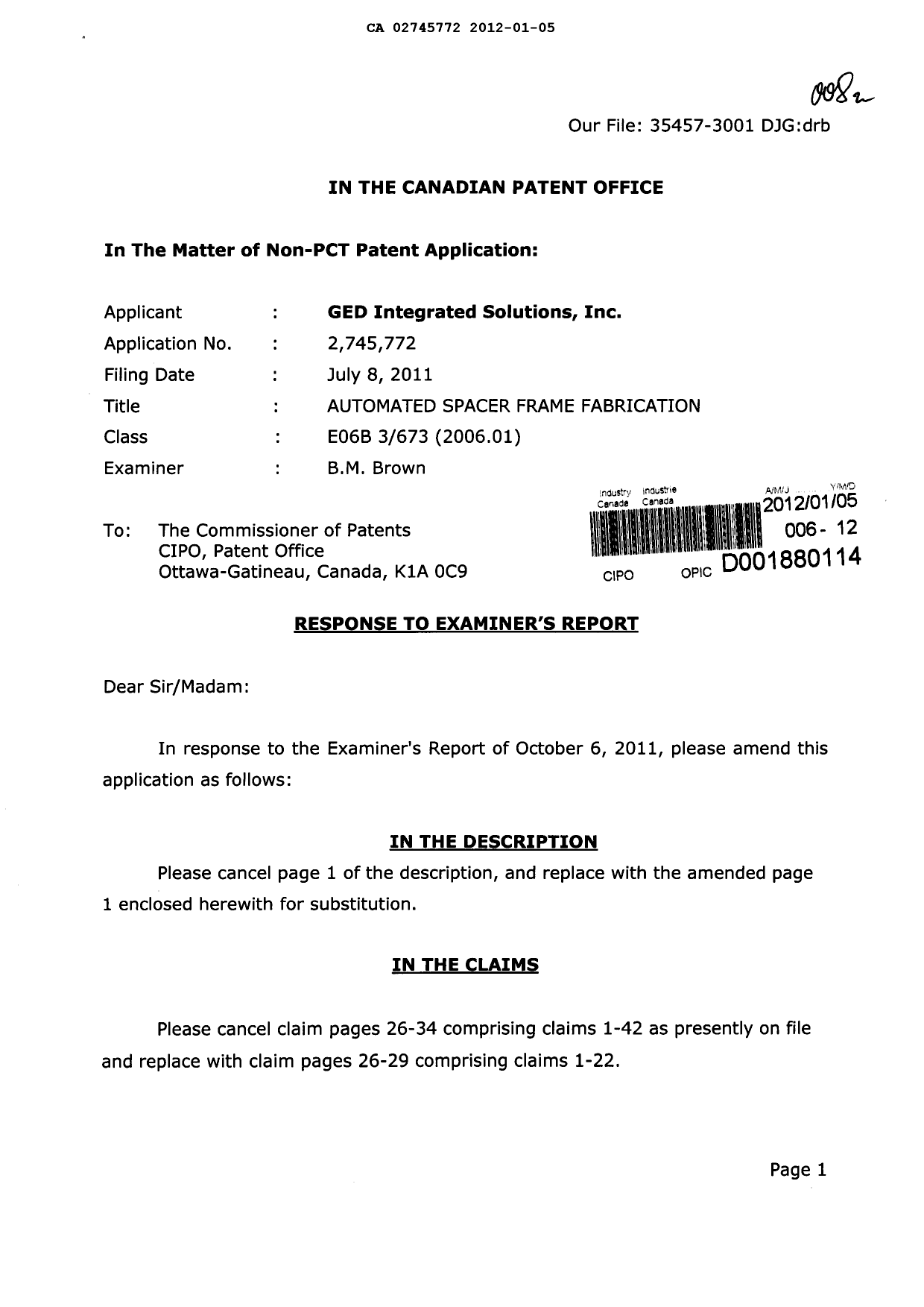 Canadian Patent Document 2745772. Prosecution-Amendment 20111205. Image 1 of 9