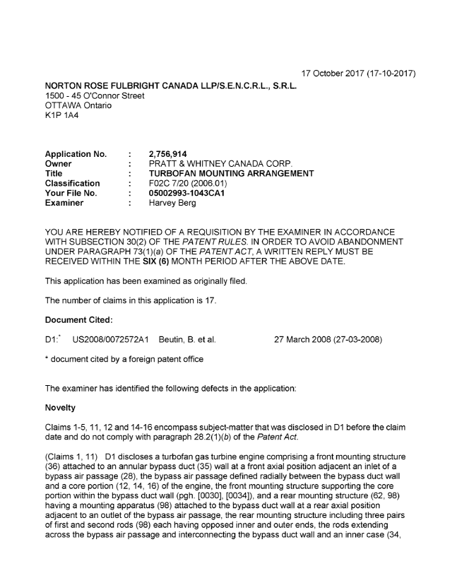 Document de brevet canadien 2756914. Demande d'examen 20171017. Image 1 de 5
