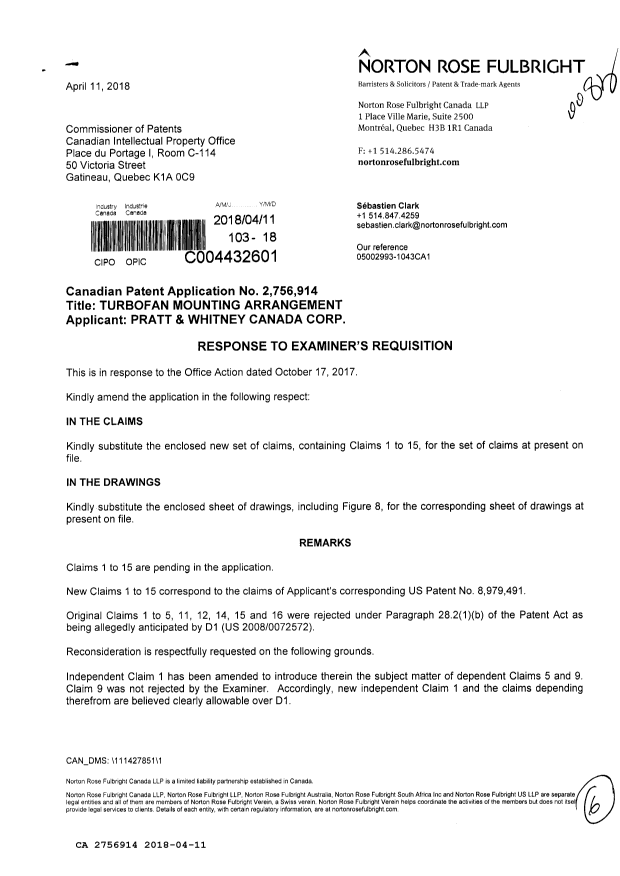Document de brevet canadien 2756914. Modification 20180411. Image 1 de 6