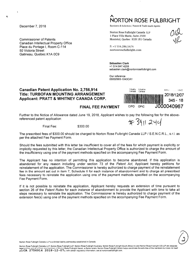 Document de brevet canadien 2756914. Taxe finale 20181207. Image 1 de 2