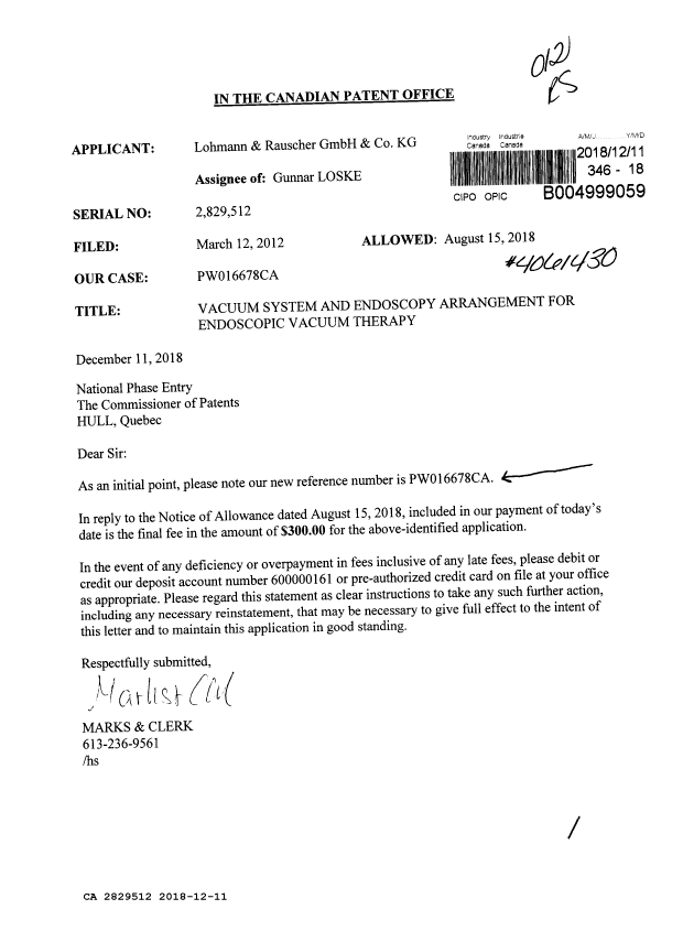 Canadian Patent Document 2829512. Final Fee 20181211. Image 1 of 1