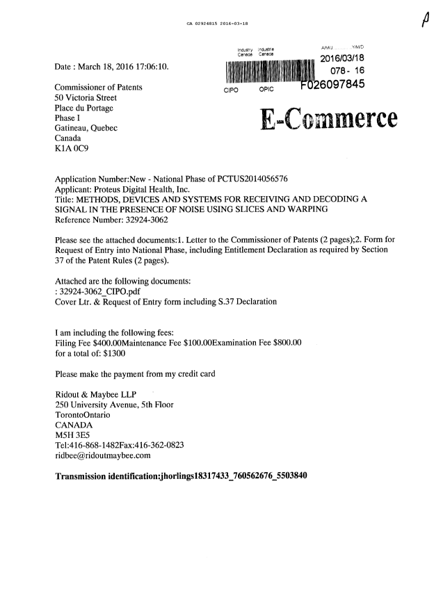 Document de brevet canadien 2924815. Cession 20151218. Image 1 de 5